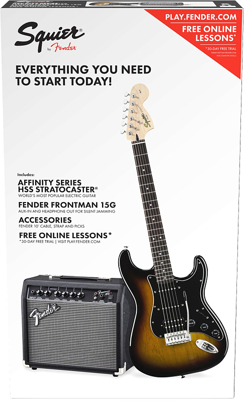 Фото Squier Affinity Series™ Stratocaster® HSS Pack, Laurel Fingerboard, Brown Sunburst, Gig Bag, 15G - 230V EU