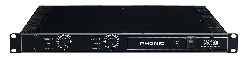 Фото PHONIC MAX 500 V9 Усилитель мощности, Class H, 2 x 120 Вт / 4 Ом, 2 x 90 Вт / 8 Ом, защита, высота 1U.